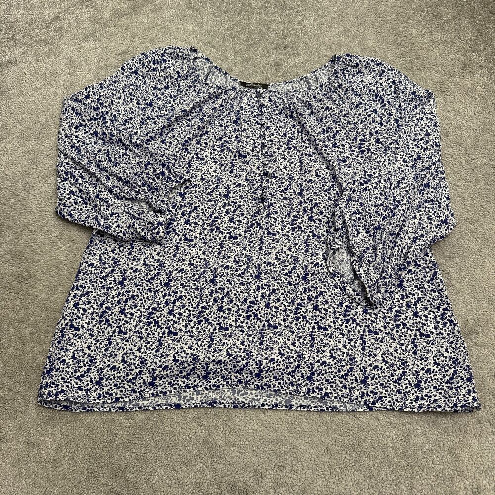 Soiree Ditsy Floral Peasant Blouse 3/4 Sleeve Button Neck Top Women L Blue White
